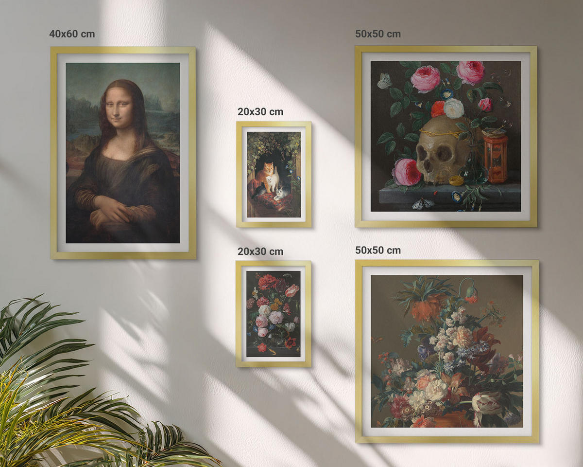 WANDBILDER 5er Set - 50x50 cm & 20x30 cm & 40x60 cm Goldrahmen - Vintage Blumen Totenkopf Mona Lisa - Goldfarben, Kunststoff (40/60cm) - ArtPrintCave