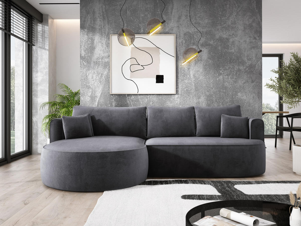 ECKSOFA FIORE L-förm Moderne Ausziehbare Schlaf-Funktion, automatischer Auffaltung, lose Rückenkissen freistehend LINKS 284x183x82cm Silver - Silberfarben, Holz/Textil (183/284cm) - DomoHome