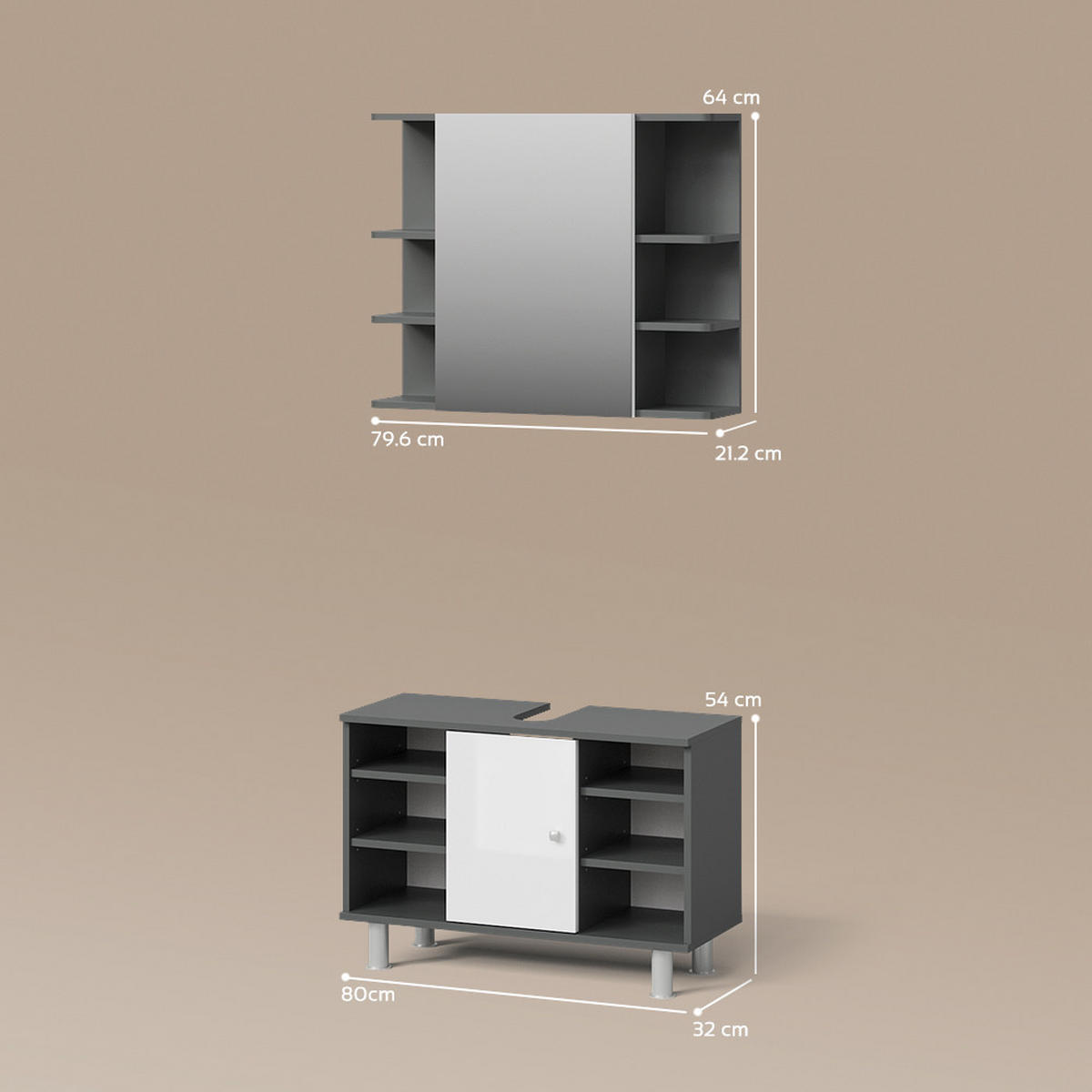 BADMÖBEL-SET Fucino Anthrazit 2 Teile, Unterschrank 80 cm - Anthrazit/Weiß, Holzwerkstoff (80/54/32cm) - Livinity®