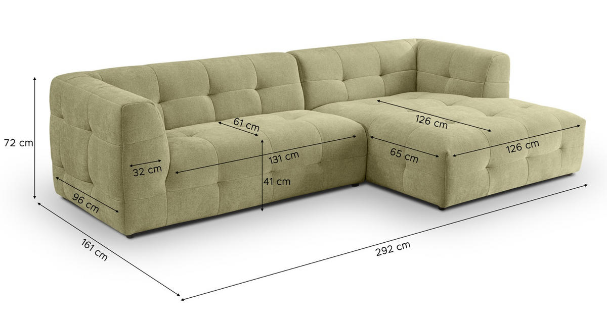 SOFA grün Webstoff 292 x 161 cm, Ecksofa 5-Sitzer, L-Sofa Ottomane rechts - Grün, Holz/Textil (292/161cm) - Inn.Furn