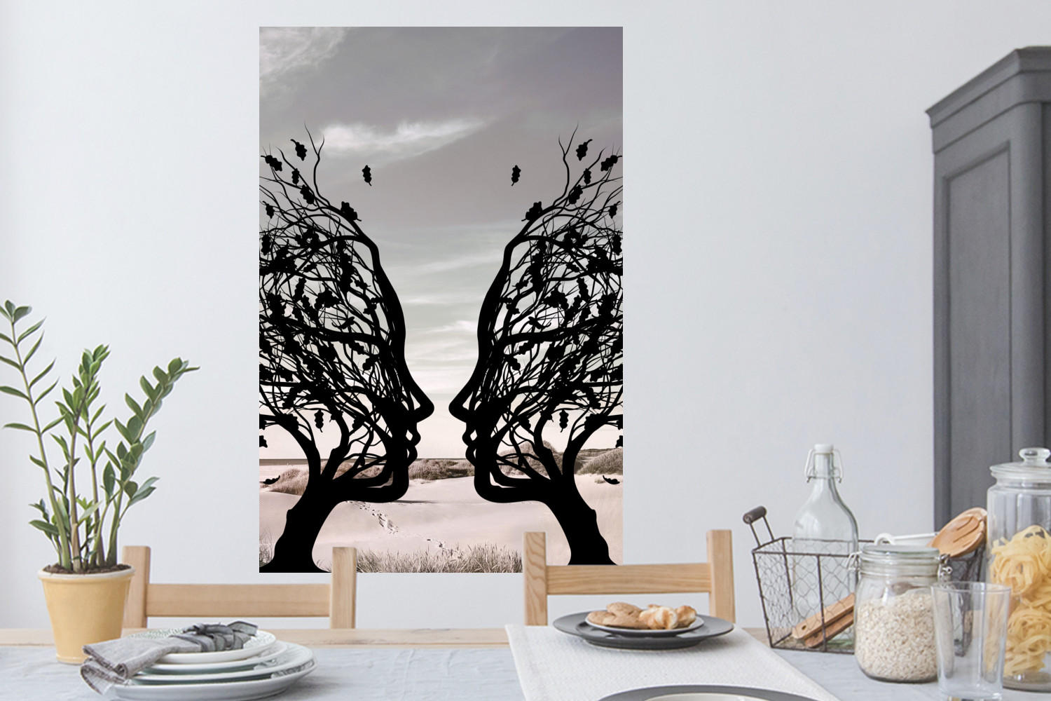 WANDTATTOO Strand - Meer - Menschen - Baum - Moderne Kunst 80x120 cm - Hellgrau, Kunststoff (80/120/0.1cm) - MuchoWow