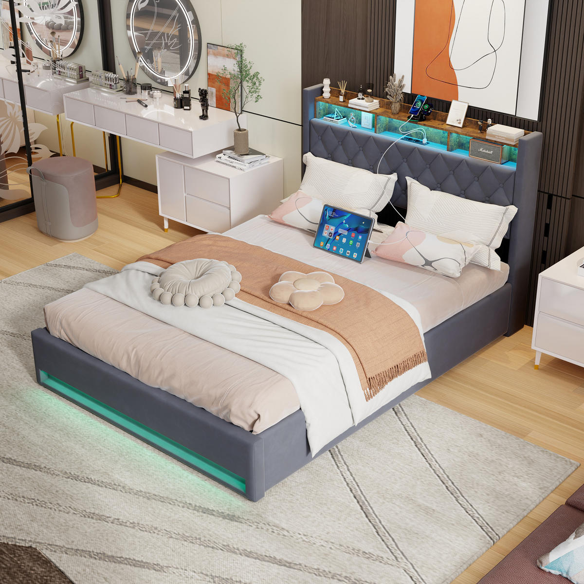 POLSTERBETT 160/200 cm Grau mit LED-Lichtleiste und USB-Anschlüssen - Grau, Holzwerkstoff (160/200cm) - OKWISH