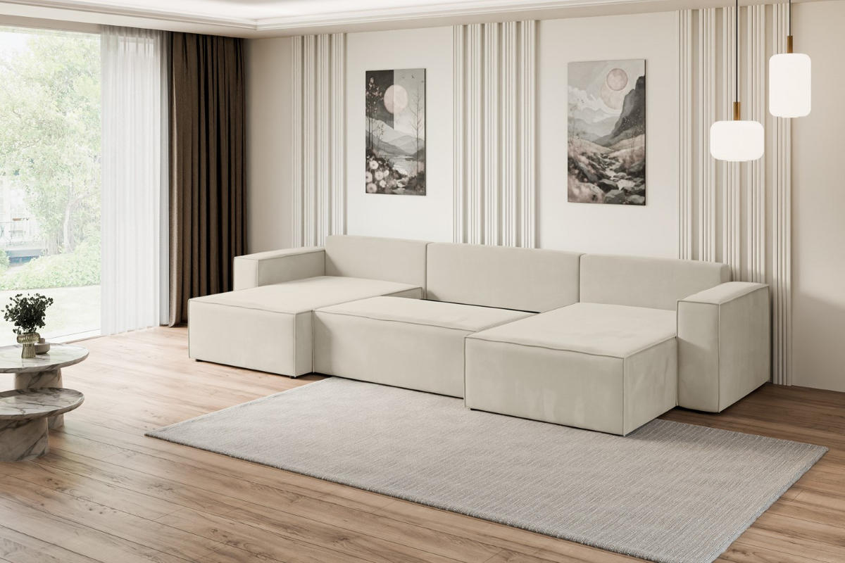 WOHNLANDSCHAFT mit Schlaffunktion und Bettkasten CELTIC-XLU - 377x143x83 cm Beige Velours - Beige/Creme, Holzwerkstoff/Kunststoff (377/83/143cm) - ALTDECOR