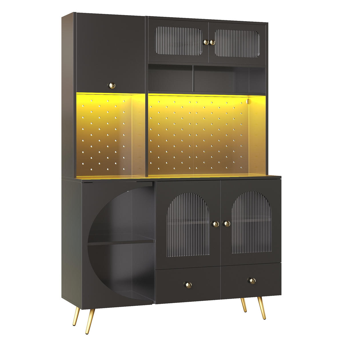 ANRICHTE Küchenschrank 120/40/176 cm aus MDF und Glas mit LED-Beleuchtung und Steckdosenleiste Schwarz - Schwarz, Holzwerkstoff (120/176/40cm) - Modenvie
