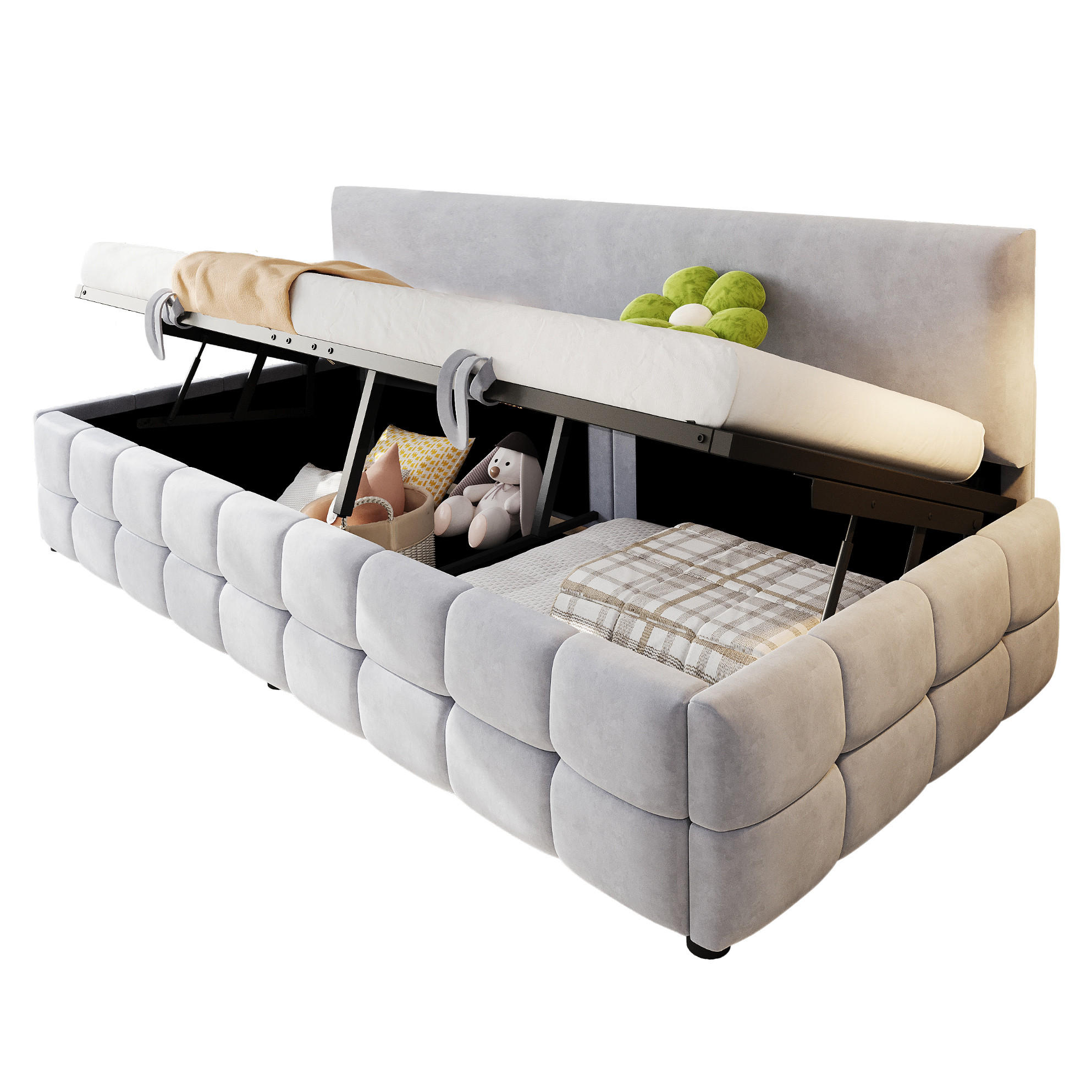 POLSTERBETT Schlafsofa aus Samt 90x200 cm Hellgrau mit hydraulischem Bettkasten - Hellgrau, Textil (90/200cm) - IVMEU
