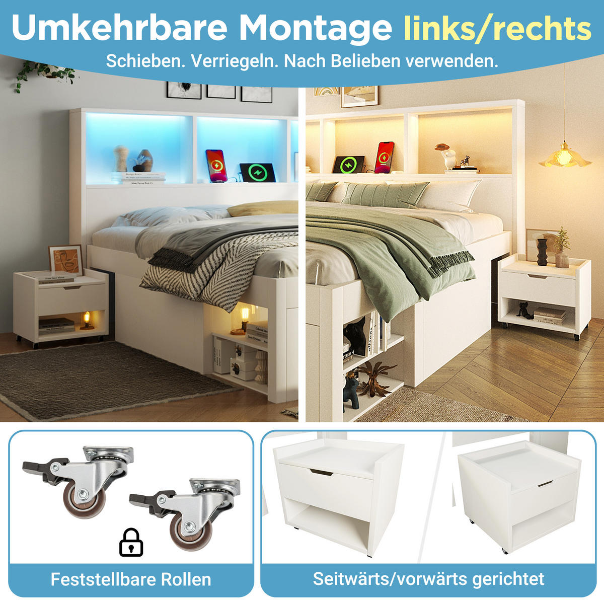 JUGENDBETT 90/200 cm in Weiß mit Schublade, LED, USB, Type-C und Nachttisch - Weiß, Holzwerkstoff (90/200cm) - STILVORA
