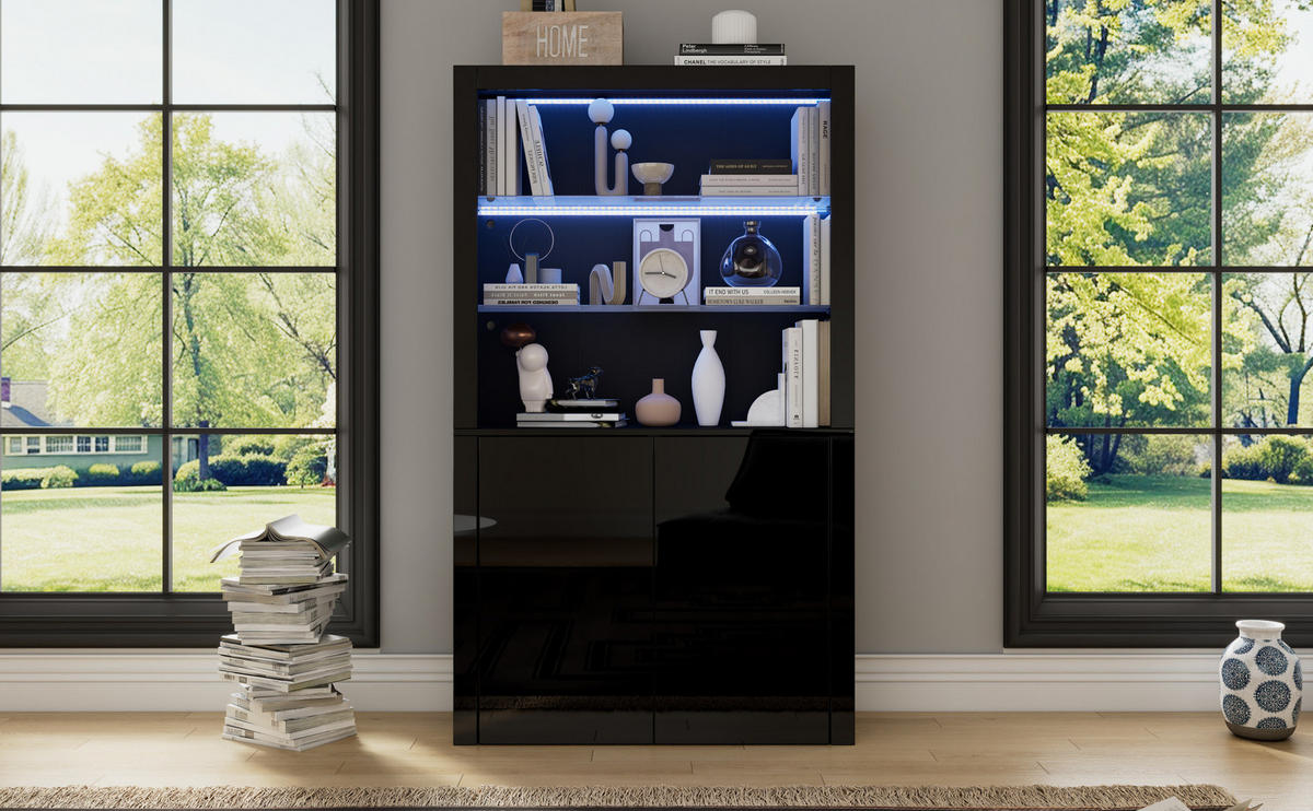 VITRINE 100/35/170 cm in Schwarz mit LED-Beleuchtung und Hochglanzfront - Schwarz, Holzwerkstoff (100/170/35cm) - Flora Grace
