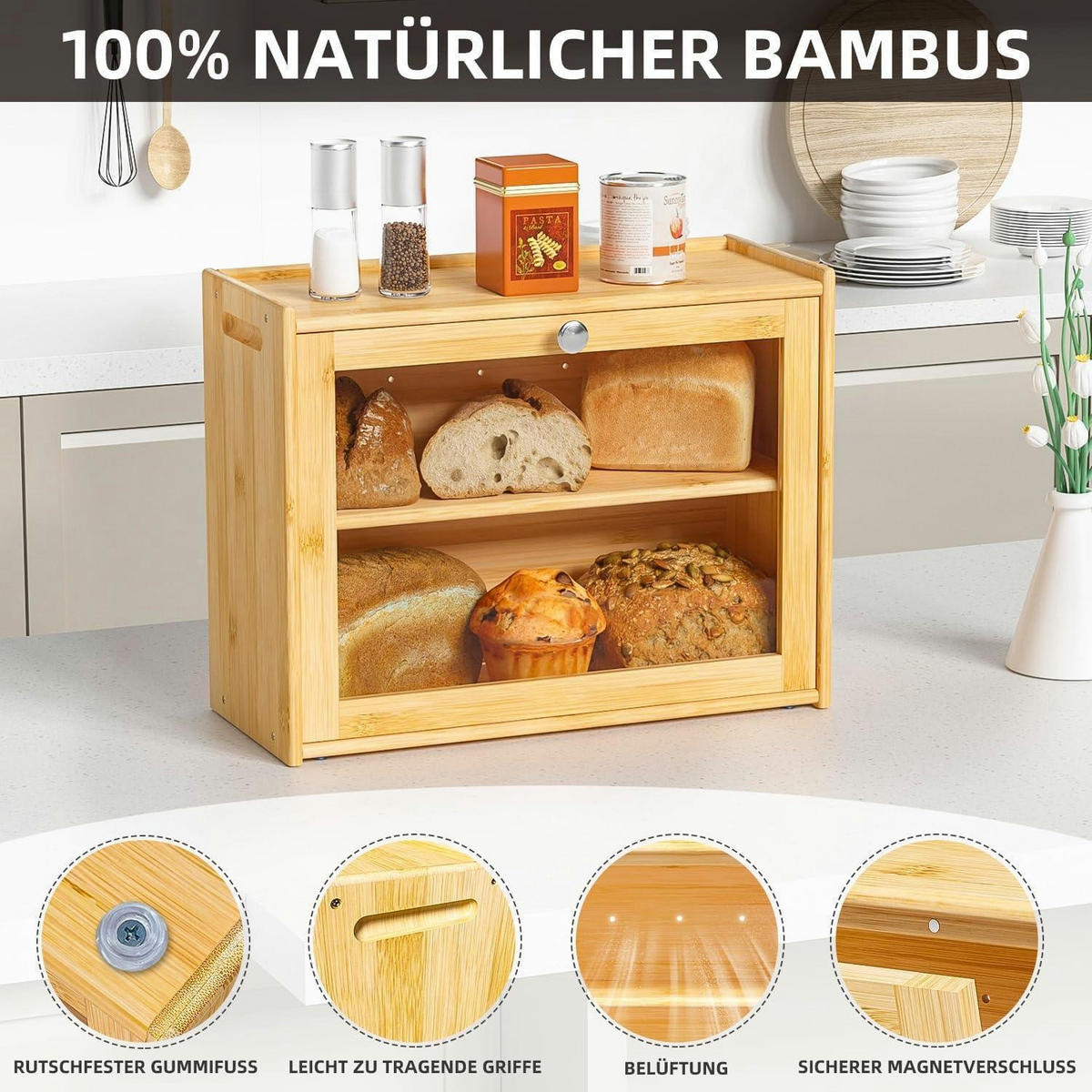 BROTKASTEN Bambus mit 2 Regalen 40 cm - Hellbraun, Naturmaterialien (17.5/31/40cm)