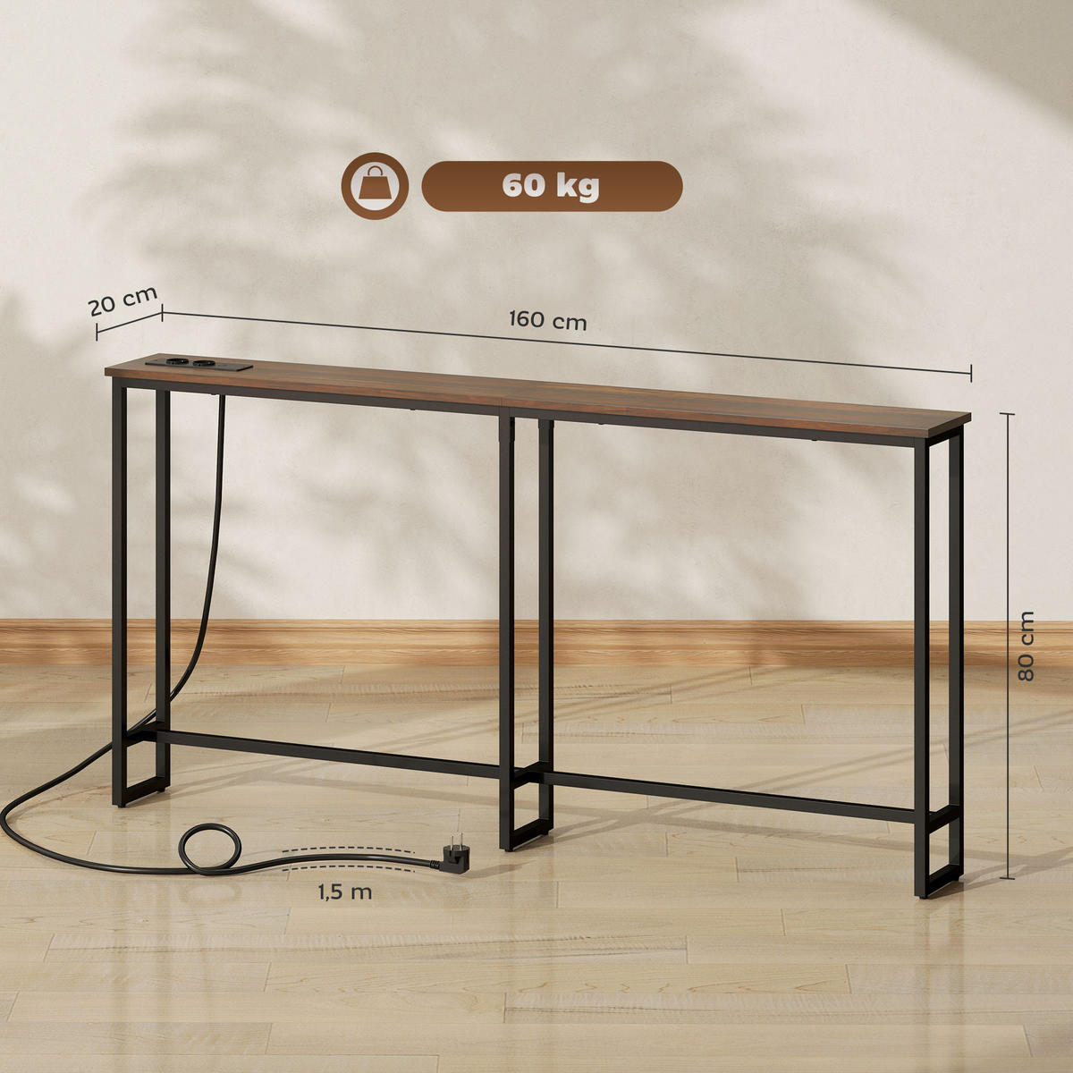 KONSOLENTISCH, Flurtisch mit Integrierte Ladestation, Stahlbeine Rustikal-Braun - Braun, Holzwerkstoff (160/20/80cm) - HOMCOM