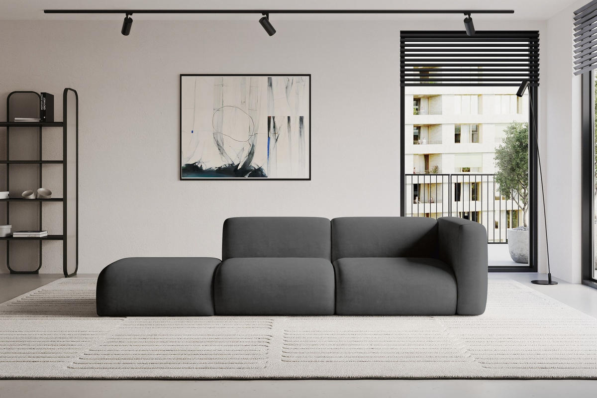 SOFA Ottomane Rechts MIRA-S3 296x89x70 Dunkelgrau Velours - Dunkelgrau/Schwarz, Holzwerkstoff/Kunststoff (296/70/89cm) - ALTDECOR
