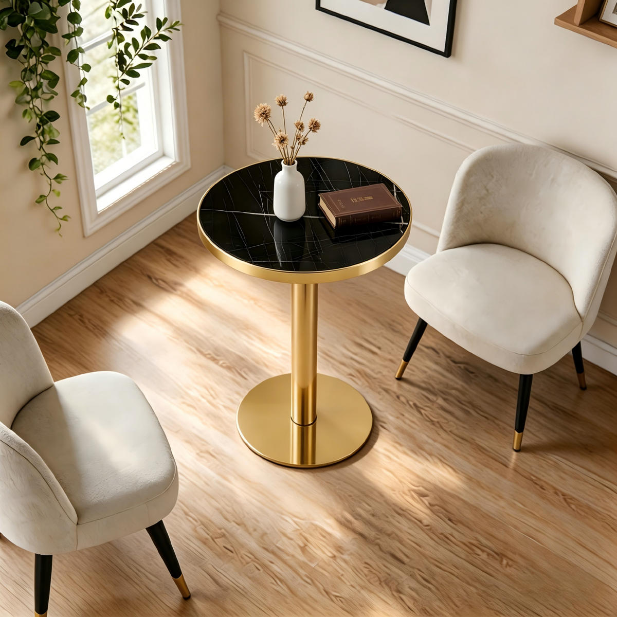 BARTISCH in Schwarz|Goldfarben Beistelltisch mit Marmoroptik-Tischplatte und Edelstahlgestell, B60/T60/H74cm - Goldfarben/Schwarz, Holzwerkstoff/Metall (59.5/59.5/73.5cm) - STILVORA