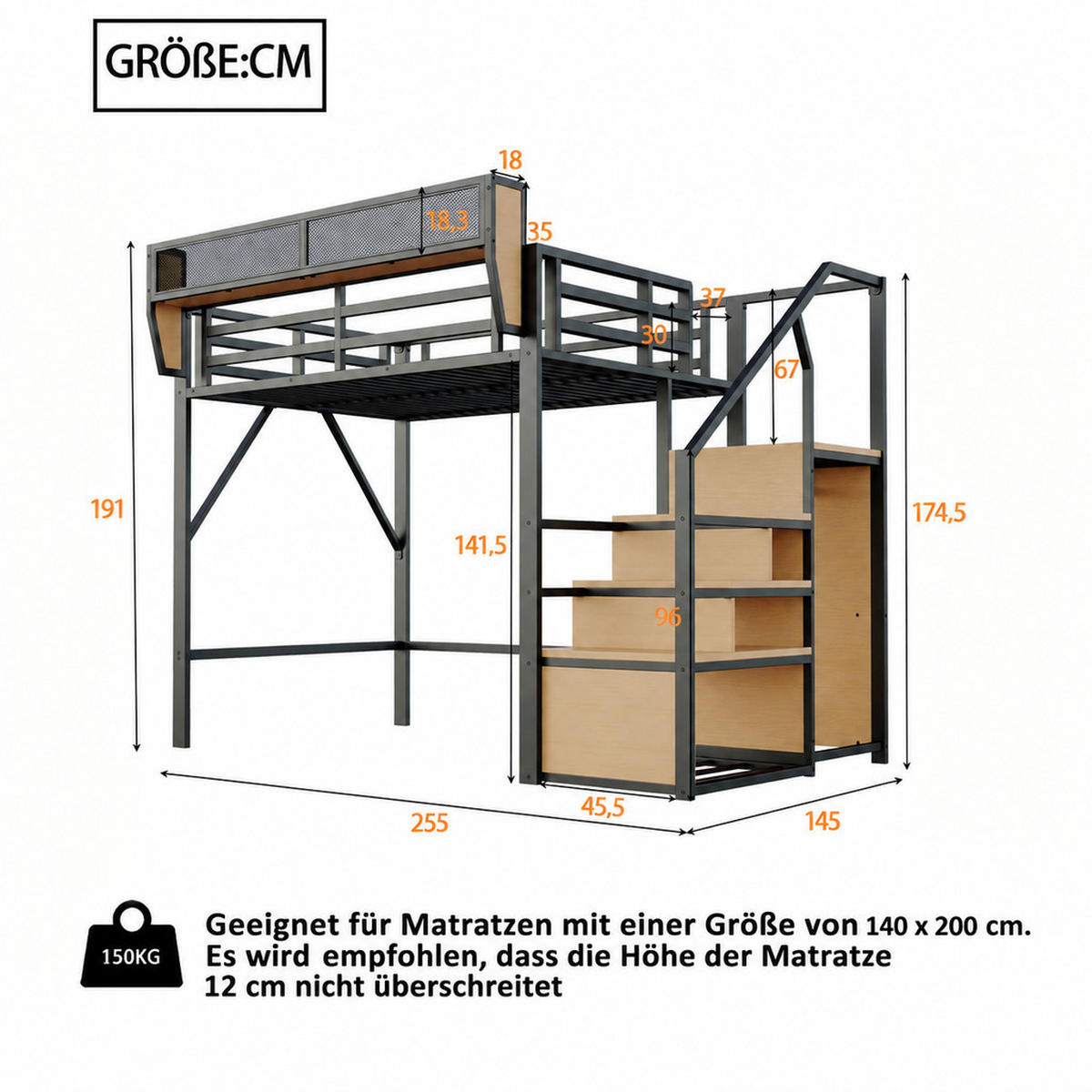 HOCHBETT 140/200 cm Schwarz mit Sicherheitsleiter und flexiblem Staufach - Schwarz, Metall (140/200cm) - Oxeza