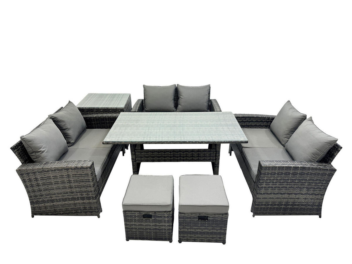 GARTENMÖBELSET mit Zweisitzer,2 kleine Fußhocker,Esstisch,Beistelltisch Polyrattan Dunkelgrau 8-Sitzer - Dunkelgrau/Grau, Glas/Kunststoff - Fimous