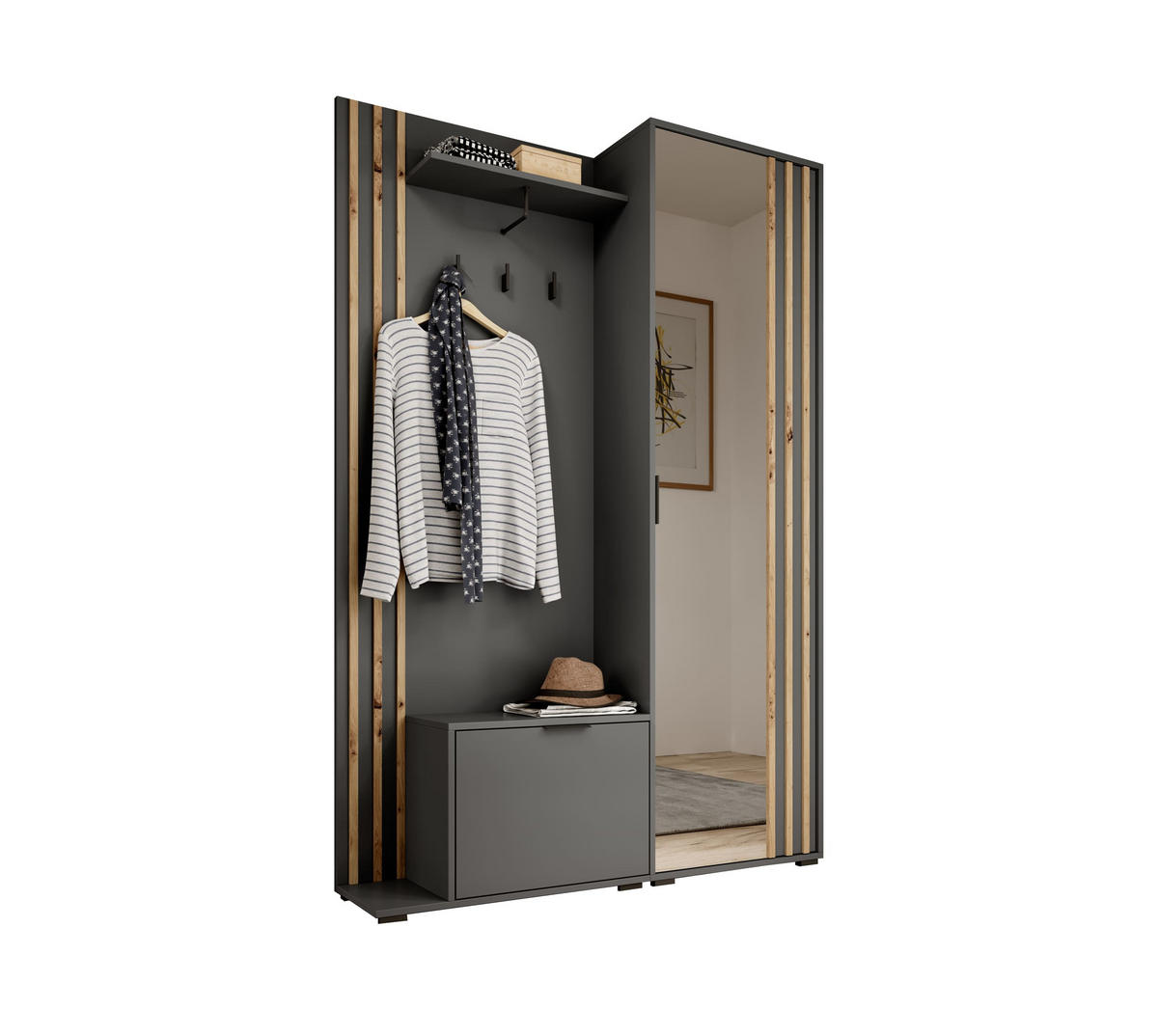 GARDEROBENSCHRANK - JOHN (Grau) - Schwarz, Holzwerkstoff (135/197/40cm)