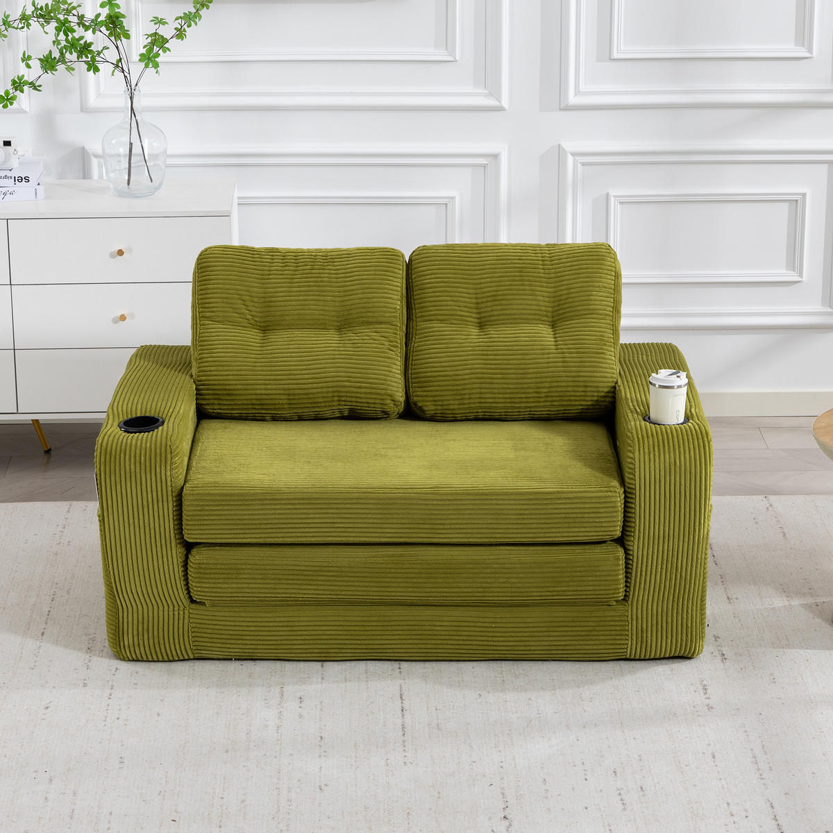 2-SITZER SOFA Cord Olive mit Getränkehaltern und Seitentaschen - Grün, Textil (136/82.5/80cm) - WISHDOR