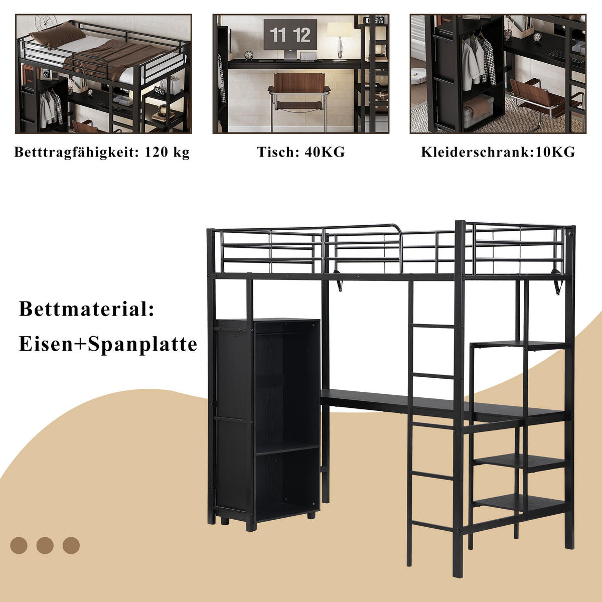 HOCHBETT 90x200 cm Tisch Schrank schwarz - Schwarz, Metall (90/200cm) - LEBENLANG