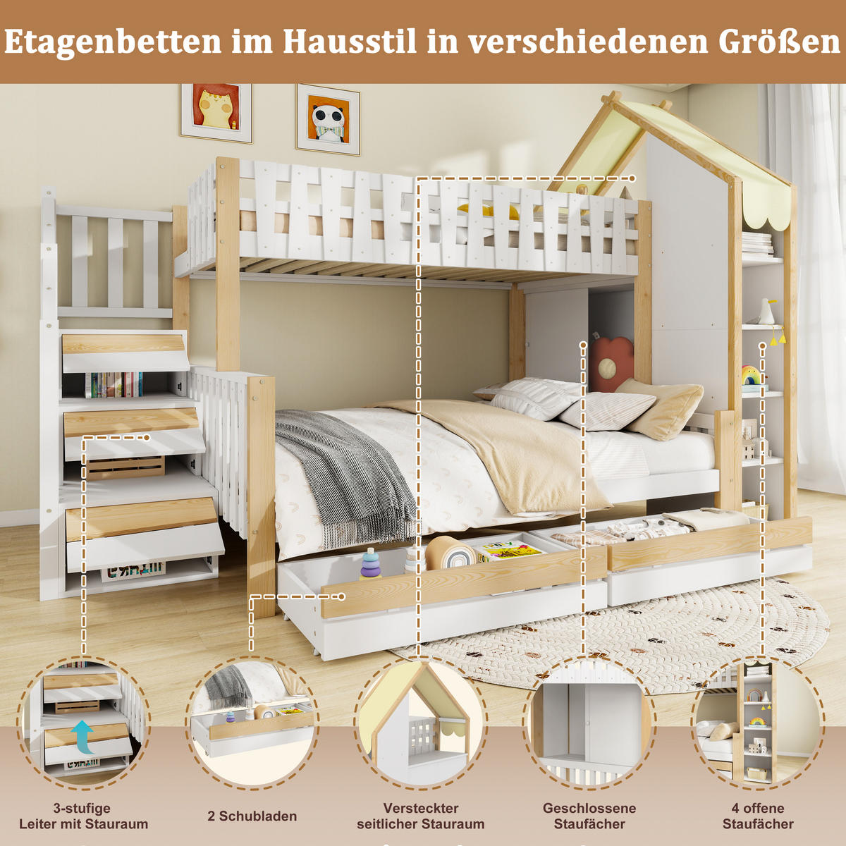 ETAGENBETT 90x200cm + 140x200cm Weiß + Natur 2 Schubladen Hausleiste - Multicolor, Holz (140/200cm) - FLIEKS
