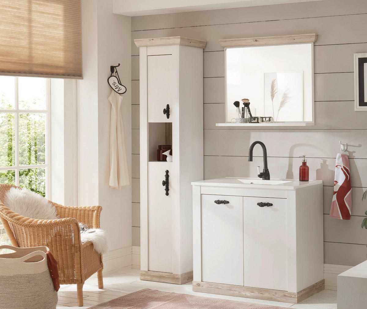 BADKOMBINATION Pinie weiß, Oslo Pinie, Landhaus Badmöbel Set 4-tlg. MIT Waschbecken 143 x 200 cm - Dunkelgrau/Weiß, Holzwerkstoff/Metall (143/200/46cm) - Furn.Design