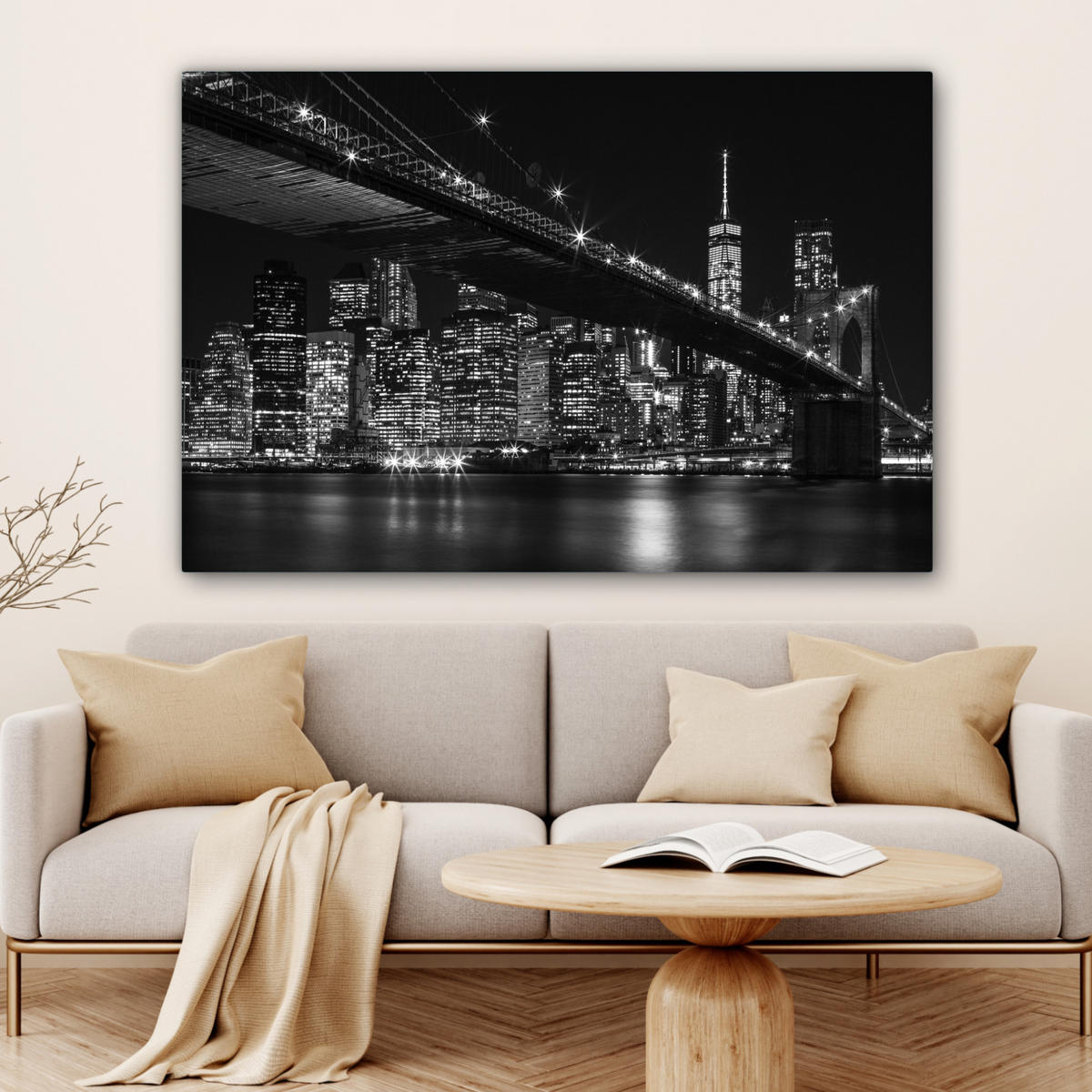 LEINWANDBILD New York - Brooklyn - Brücke Wohnzimmer Groß 120x80 cm - Schwarz, Textil (120/80cm) - MuchoWow