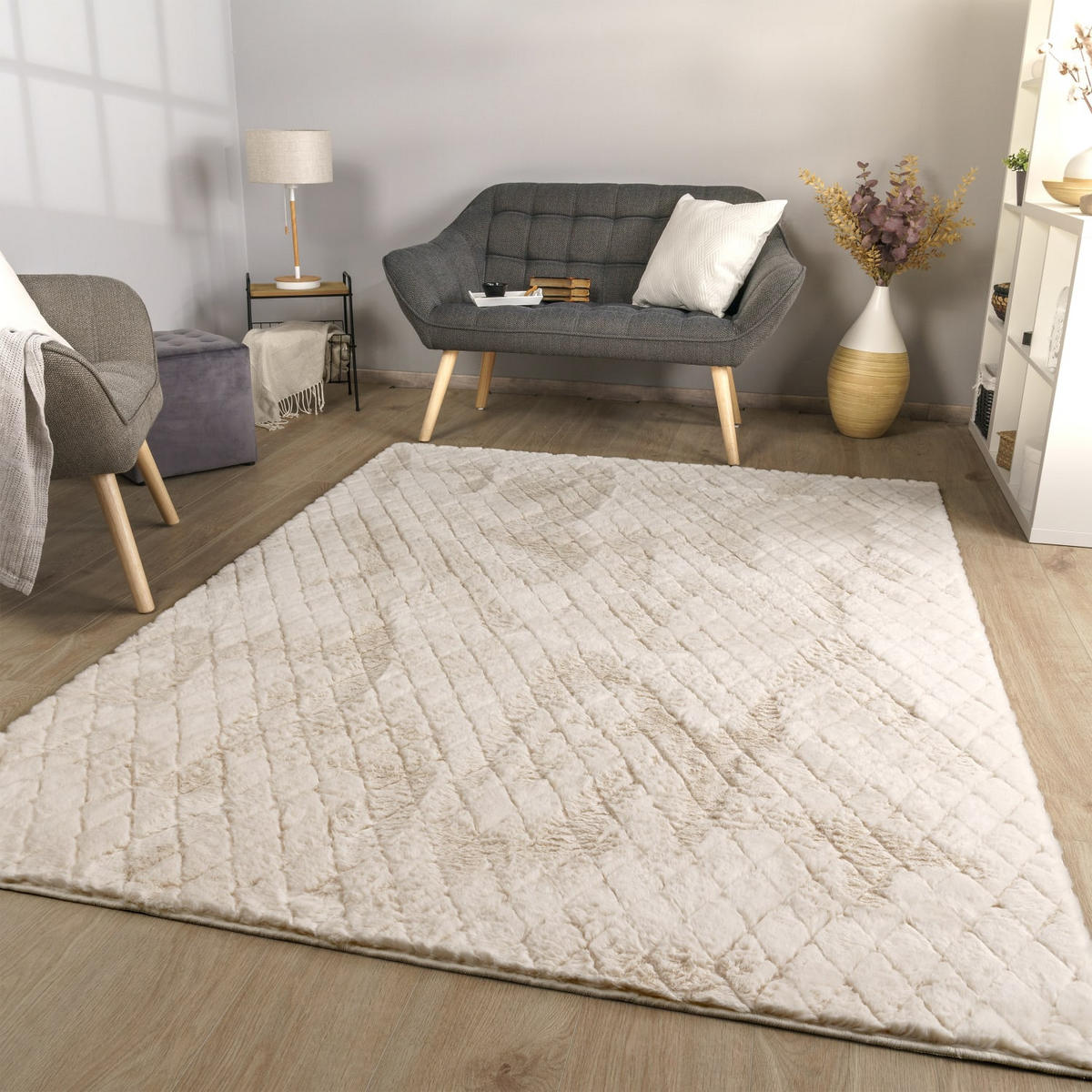 HOCHFLORTEPPICH Rauten Creme 120 x 160 cm - Creme, Kunststoff (120/160cm) - TT Home