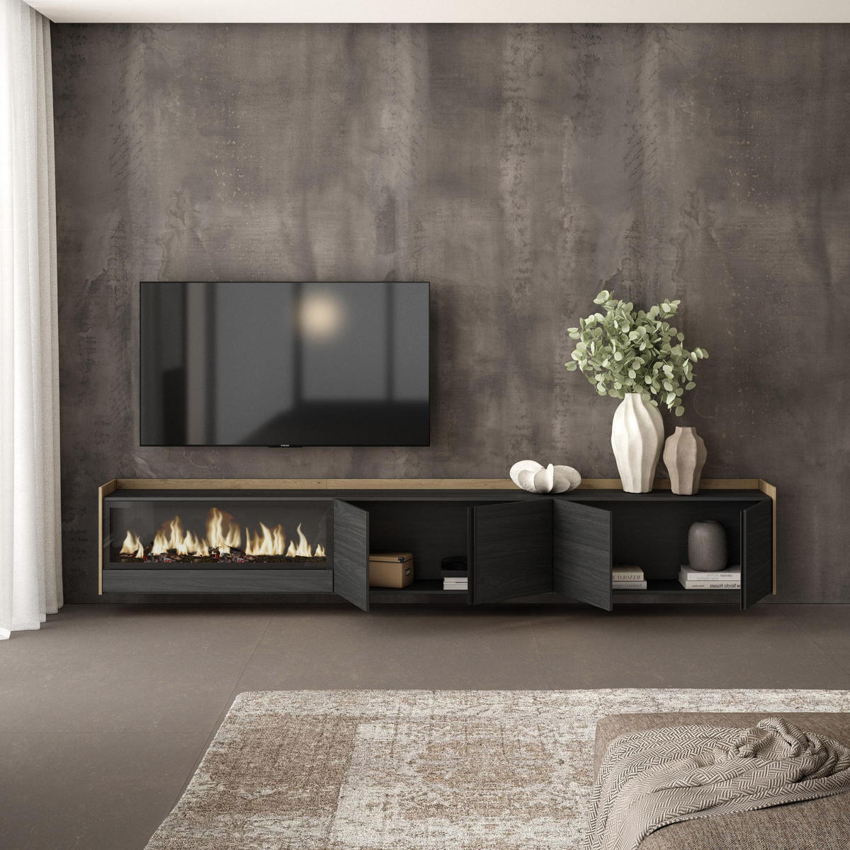 LOWBOARD, Schwarz und Eiche, 315/35/50cm, Kamin mit Feuereffekt XXL - Schwarz, Holzwerkstoff (315/50/35cm) - Skraut Home