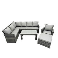 SITZGRUPPE mit Ecksofa,Länglicher Couchtisch ,Hocker, Sessel Polyrattan 8-Sitzer - Dunkelgrau/Grau, Glas/Kunststoff - Fimous
