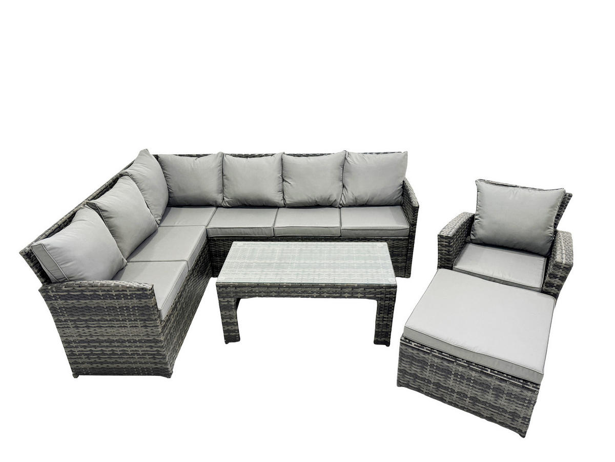 SITZGRUPPE mit Ecksofa,Länglicher Couchtisch ,Hocker, Sessel Polyrattan 8-Sitzer - Dunkelgrau/Grau, Glas/Kunststoff - Fimous