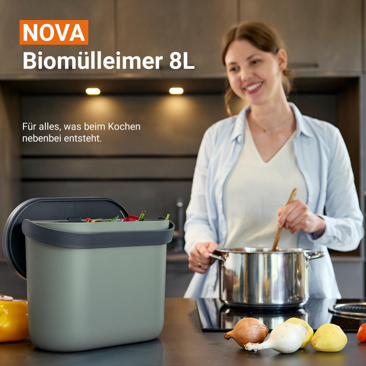 BIOMÜLLEIMER 8 L, agave / graphite grey - Salbeigrün/Grau, Kunststoff (16/25/31cm) - GARANTIA