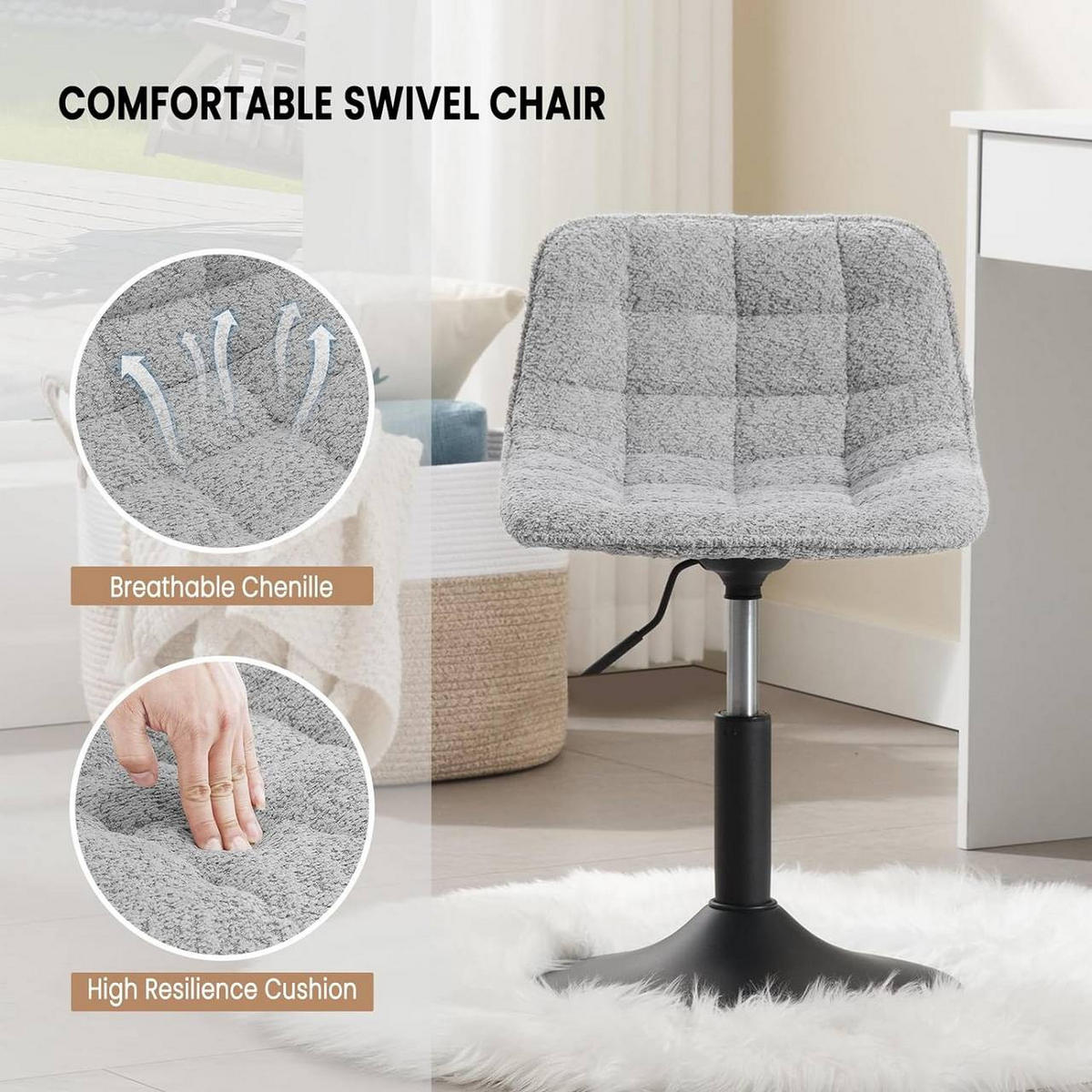 BARHOCKER aus bequemer Chenille, Metall, Grau - Schwarz/Grau, Kunststoff/Textil (42.5/60.5/45cm) - Woltu