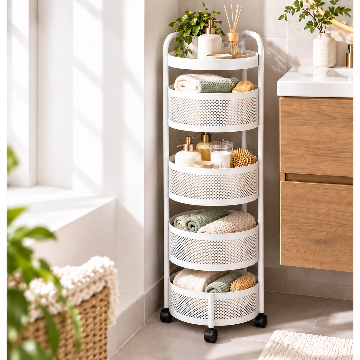 VOZÍK Bílý kulatý 5-úrovní - bílá, kov/plast (33/79.5/33cm) - Relaxdays