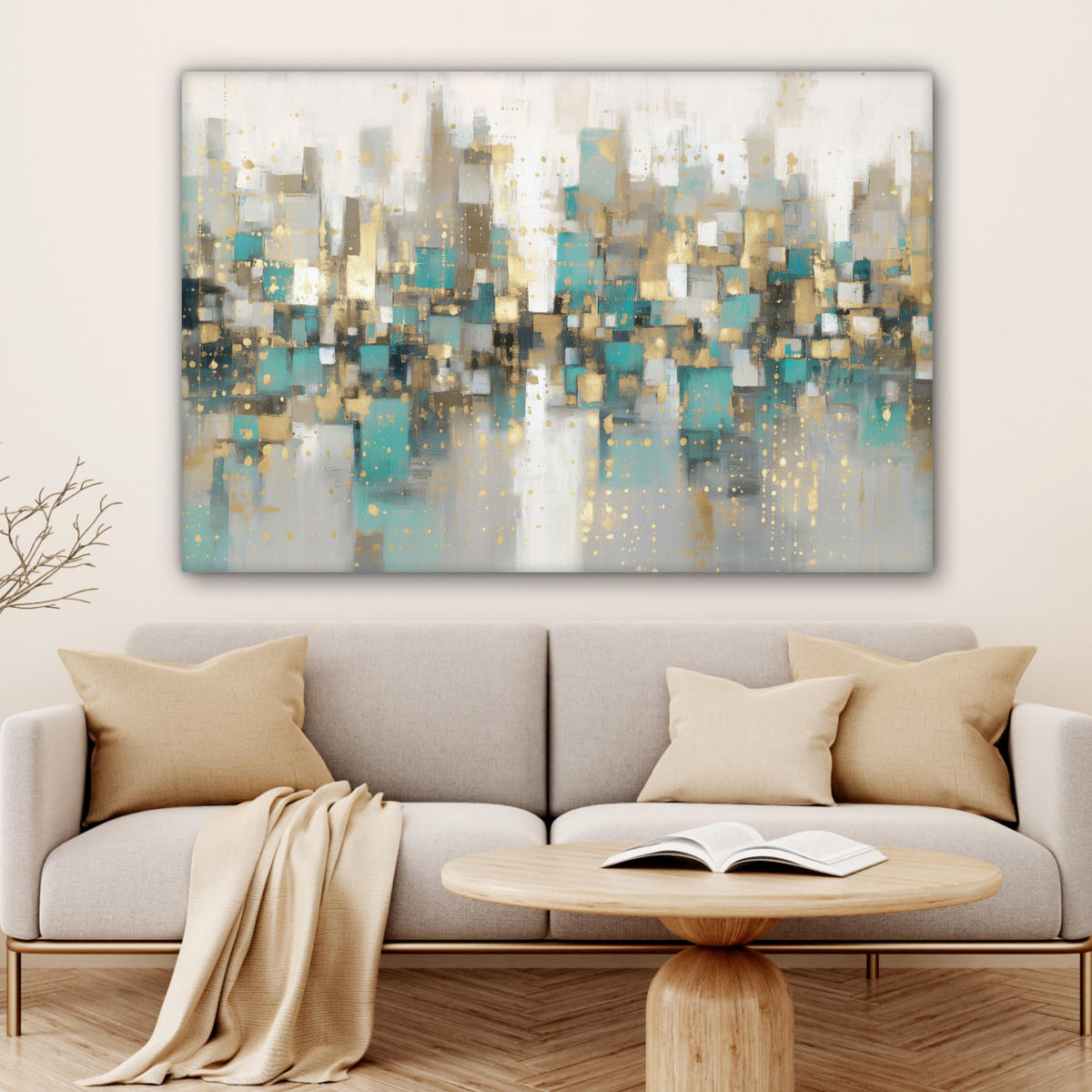 LEINWANDBILD Abstrakt - Blöcke - Gold - Skyline Wohnzimmer Groß 120x80 cm - Beige, Textil (120/80cm) - MuchoWow