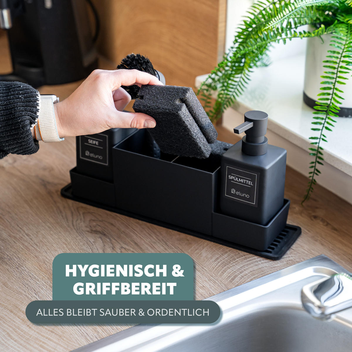 SPÜLSCHWAMMSET 10tlg., weiche und Scheuerseite - Dunkelgrau, Kunststoff (10/4/7cm) - eluno