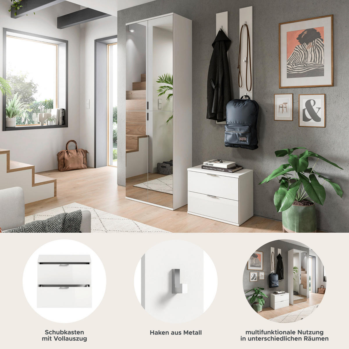 GARDEROBE Set 4-teilig weiß Hochglanz 128 cm, Flurgarderobe mit 9 Fächern - Chromfarben/Weiß Hochglanz, Glas/Holzwerkstoff (128/193/34cm) - Inn.Furn