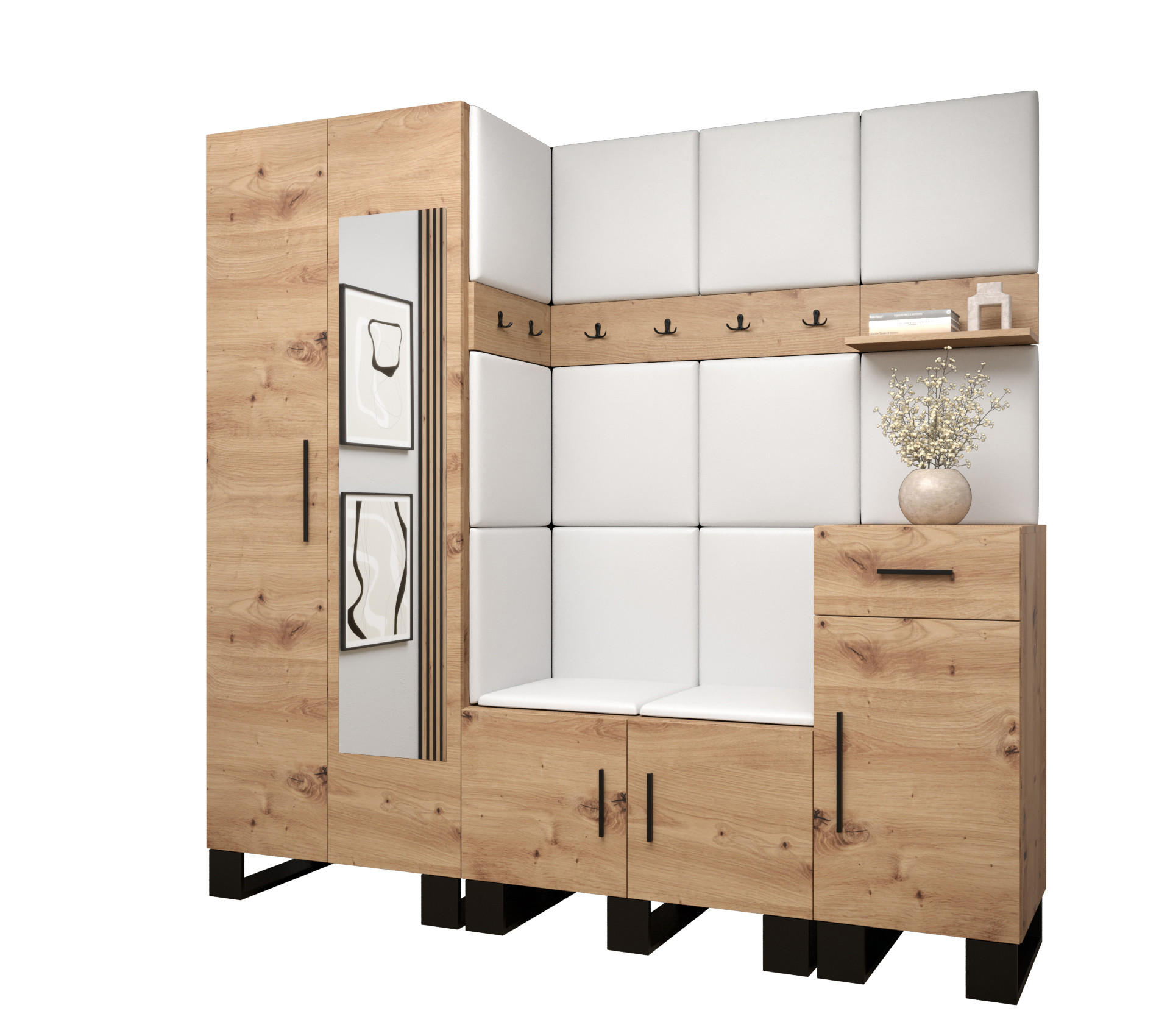 Abiks Möbel Garderoben-Set Eiche Artisan, Weiß 200x196x45.6 cm