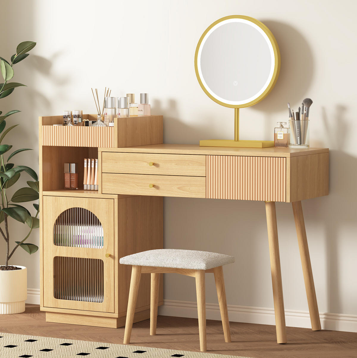SCHMINKTISCH 120/40/90 cm in Natur mit LED-Spiegel und Seitenschrank - Naturfarben, Holzwerkstoff (120/40/90cm) - Flora Grace