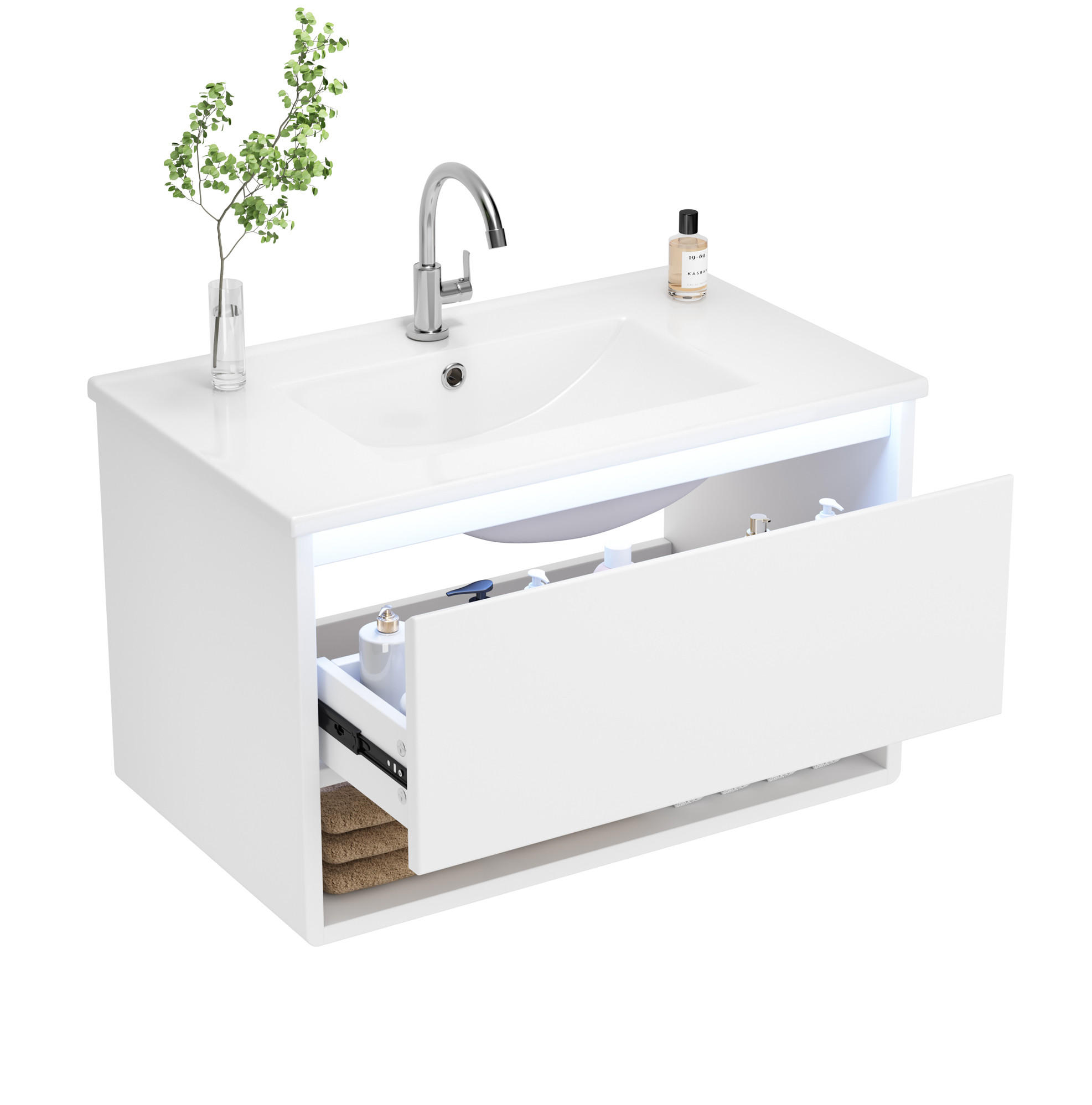 WASCHTISCHKOMBI 76,5/46/45 cm in Weiß mit LED-Sensorleuchte und Soft-Close - Weiß, Holzwerkstoff (76/45/46cm) - BEAOK