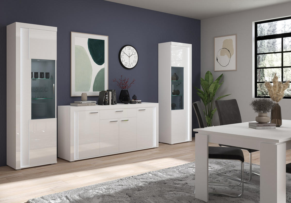 WOHNWAND weiß Hochglanz 330 cm, Soft-Close-Funktion, inkl. Beleuchtung - Weiß Hochglanz/Silberfarben, Glas/Holzwerkstoff (332/202/42cm) - Inn.Furn