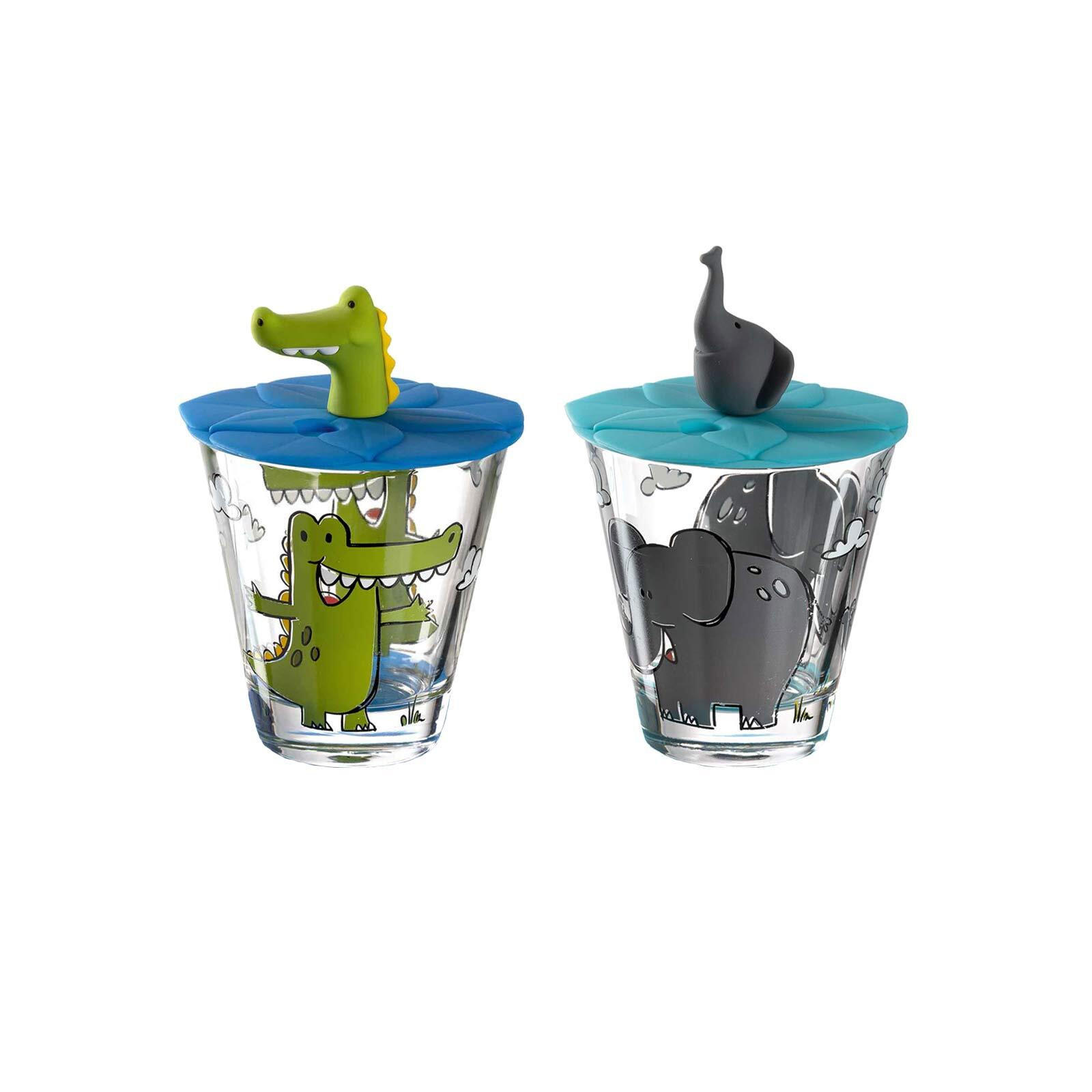 KINDERBECHER MIT DECKEL Bambini Elefant & Krokodil 215 ml 2er Set - Grau/Grün, Kunststoff (0.215L) - Leonardo Living