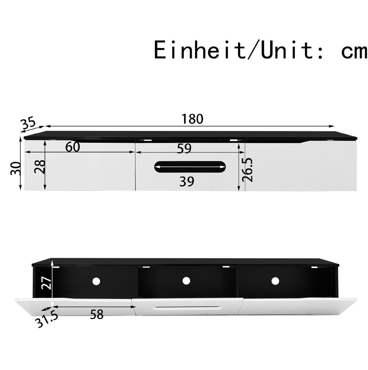 TV ormarić 180/35/30 cm crno-bijeli od MDF-a i iverice s LED rasvjetom i zidnom montažom - crna, drvni materijal (180/30/35cm) - OKWISH