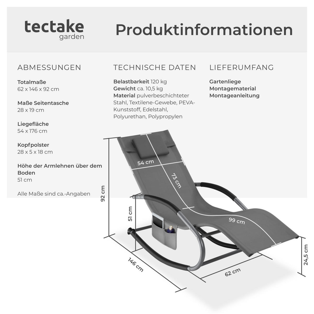 GARTENLIEGE Taya,abnehmbares Kopfpolster, seitliche Aufbewahrungstasche,grau - Grau, Kunststoff (62/92/142cm) - tectake