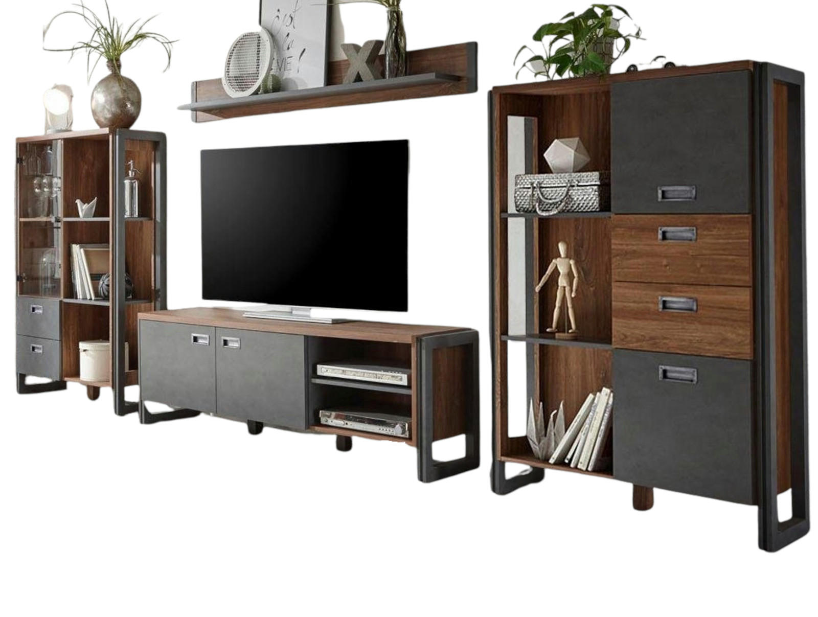 WOHNWAND Eiche Stirling, Matera grau, Schrankwand 4-teilig 356 x 170 cm - Eichefarben/Silberfarben, Holzwerkstoff/Metall (360/170/39cm) - Furn.Design