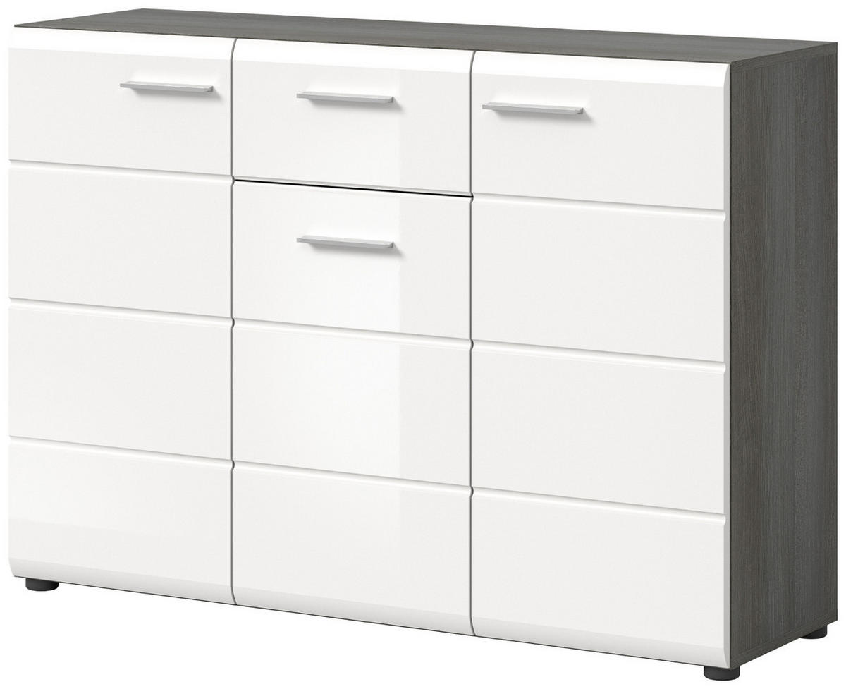 SIDEBOARD weiß Hochglanz, grau 120 cm, Kommode viel Stauraum - Weiß Hochglanz/Silberfarben, Holzwerkstoff/Kunststoff (120/85/37cm) - Inn.Furn