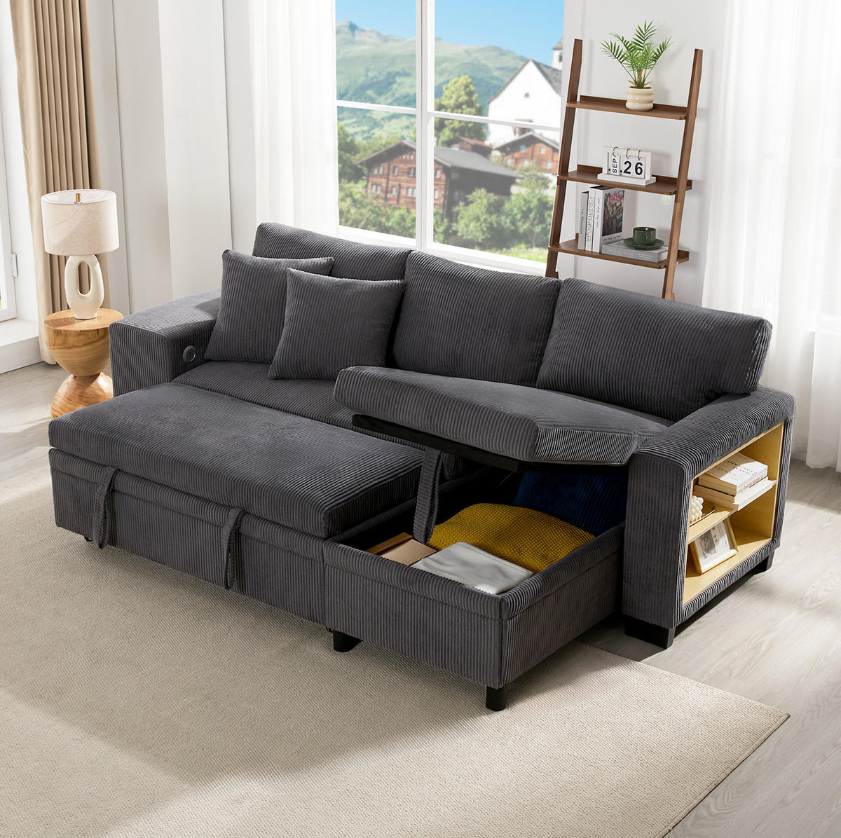 ECKSOFA L-Form 3-Sitzer mit Schlaffunktion und USB-Anschluss Cord Grau 231/131,5/84 cm - Grau, Textil (231/131.5cm) - OKWISH