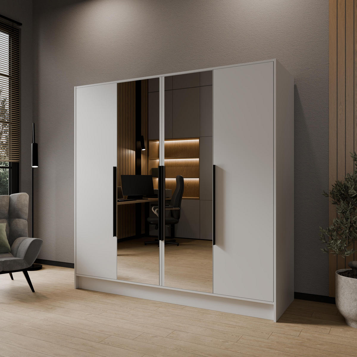 DREHTÜRENSCHRANK RENVO 200/200/51 cm Modern Kleiderschrank 4-türig mit Spiegel Weiß - Weiß, Holzwerkstoff (200/200/51cm) - MASSENO