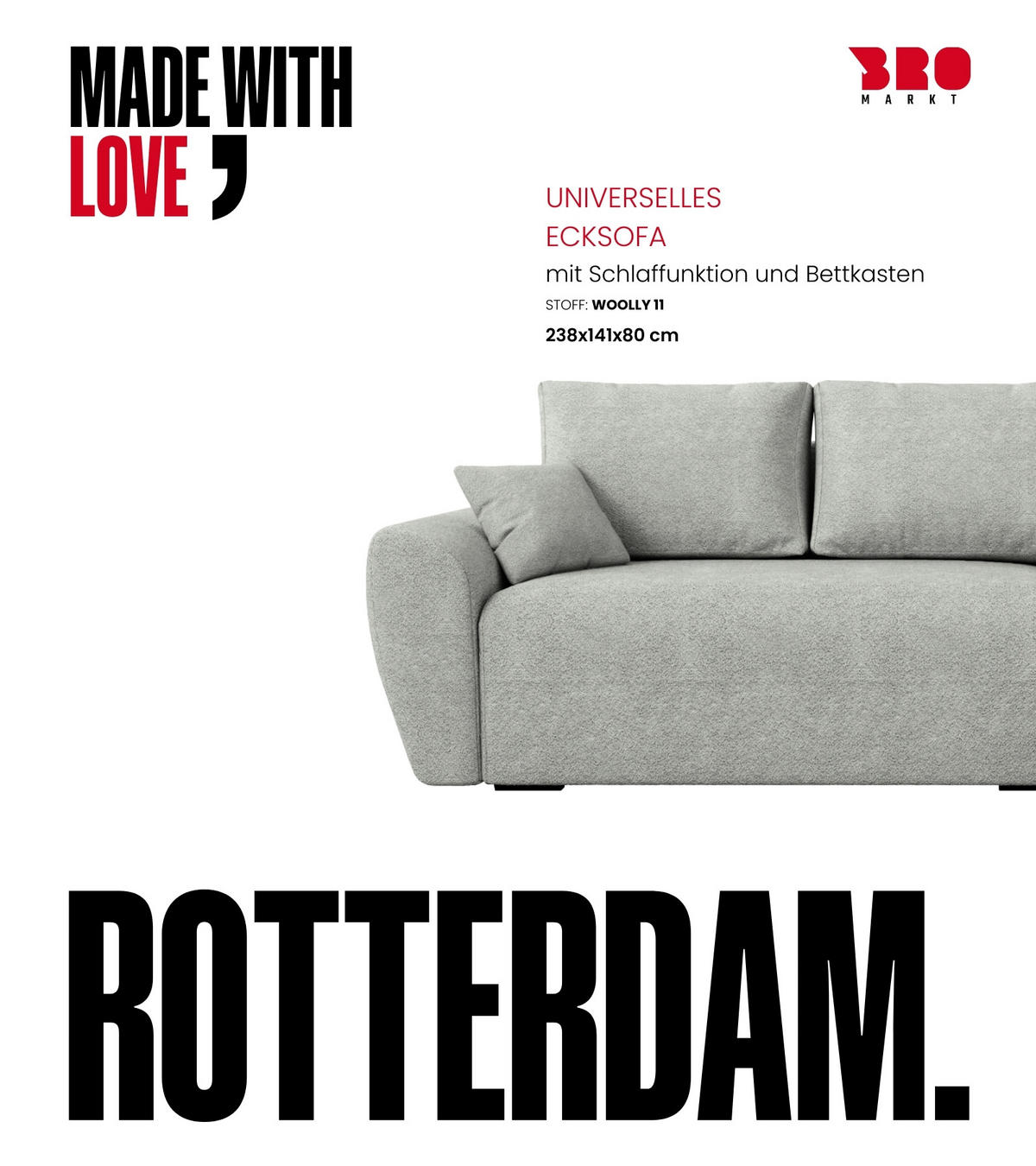 ECKSOFA Rotterdam mit Schlaffunktion Grau Bouclé - Hellgrau, Textil (238/141cm) - Bromarkt