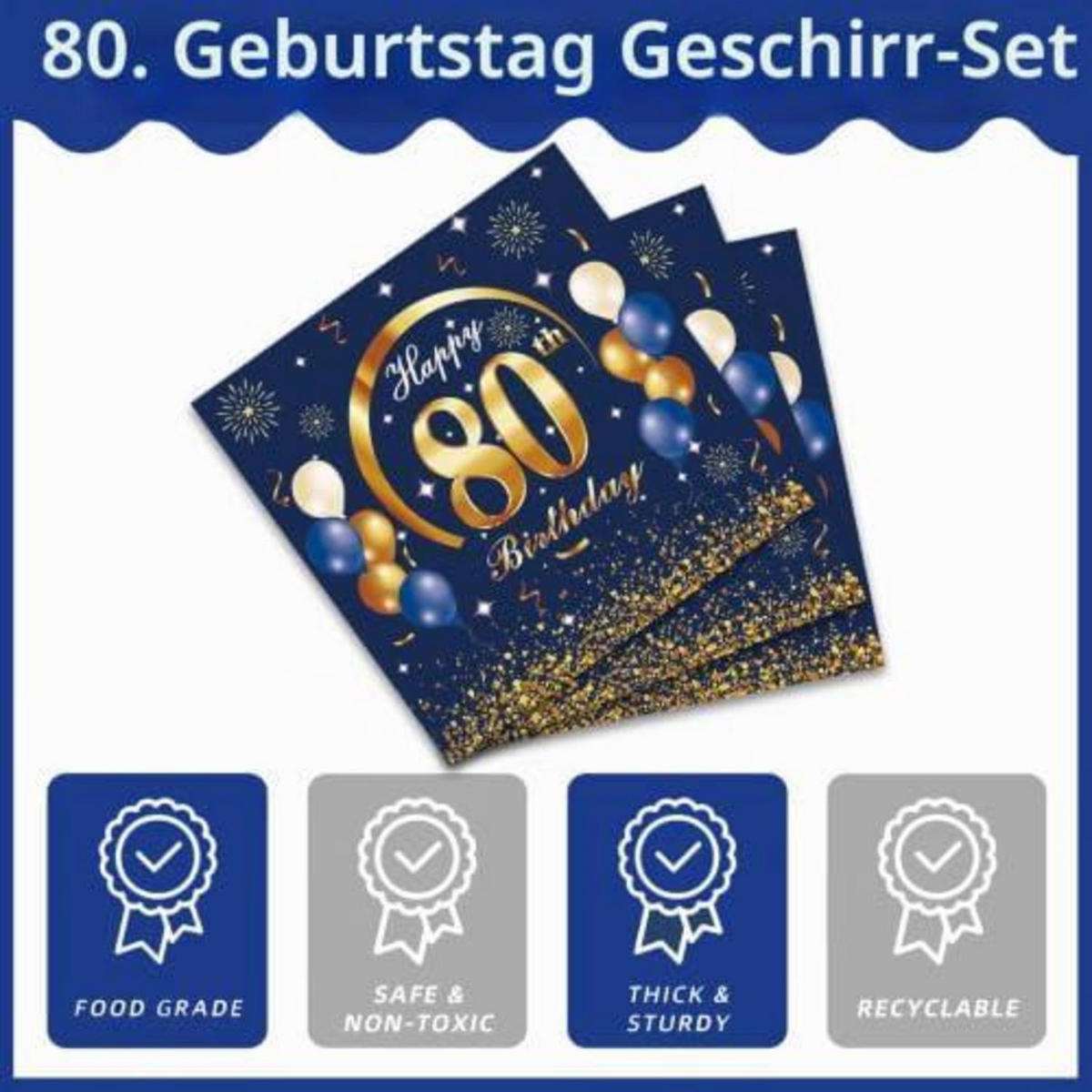 SERVIETTEN 20 Stück 80. Geburtstag Blau Gold 16.5 cm - Blau, Papier (16.5/16.5cm)