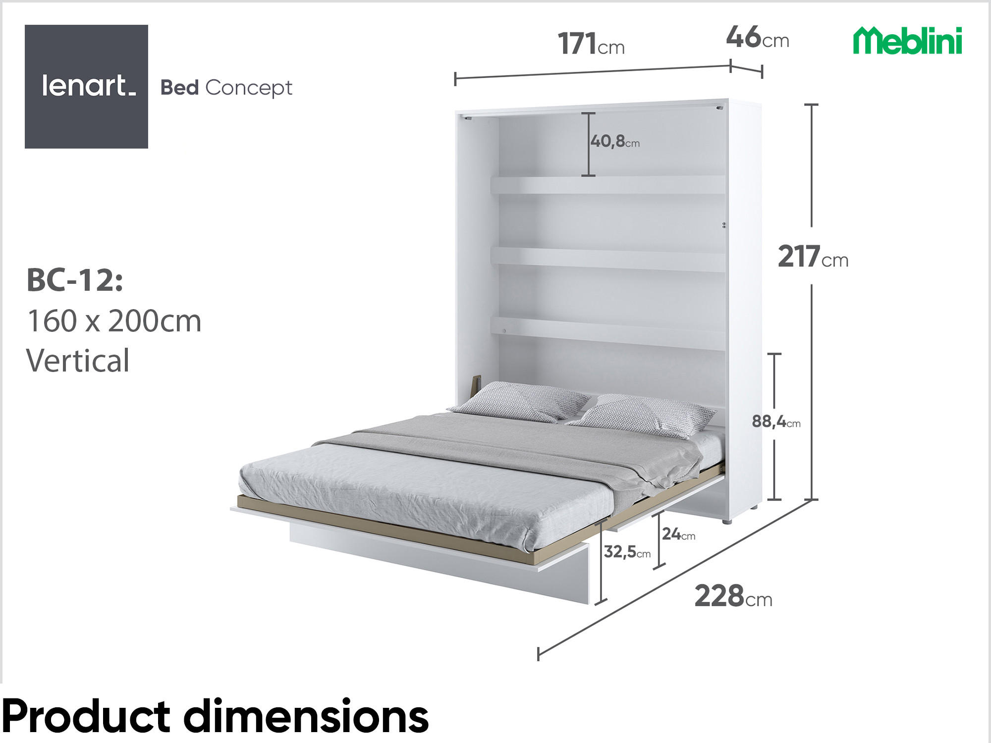 SCHRANKBETT BC-12 - 160x200cm Vertikal - Weiß Mat - Weiß, Holzwerkstoff (160/200cm) - Meblini