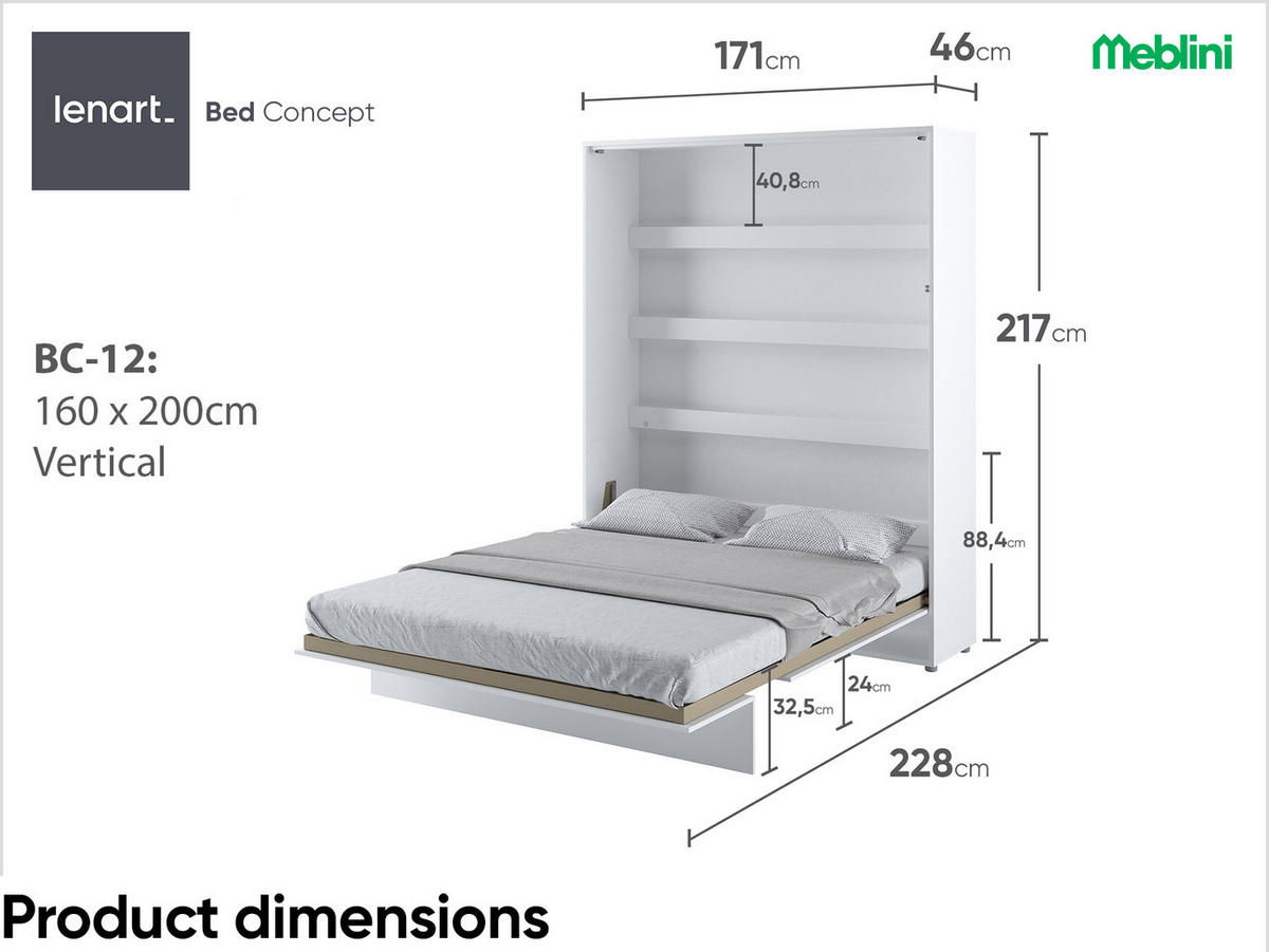 SCHRANKBETT BC-12 - 160x200cm Vertikal - Weiß Mat - Weiß, Holzwerkstoff (160/200cm) - Meblini