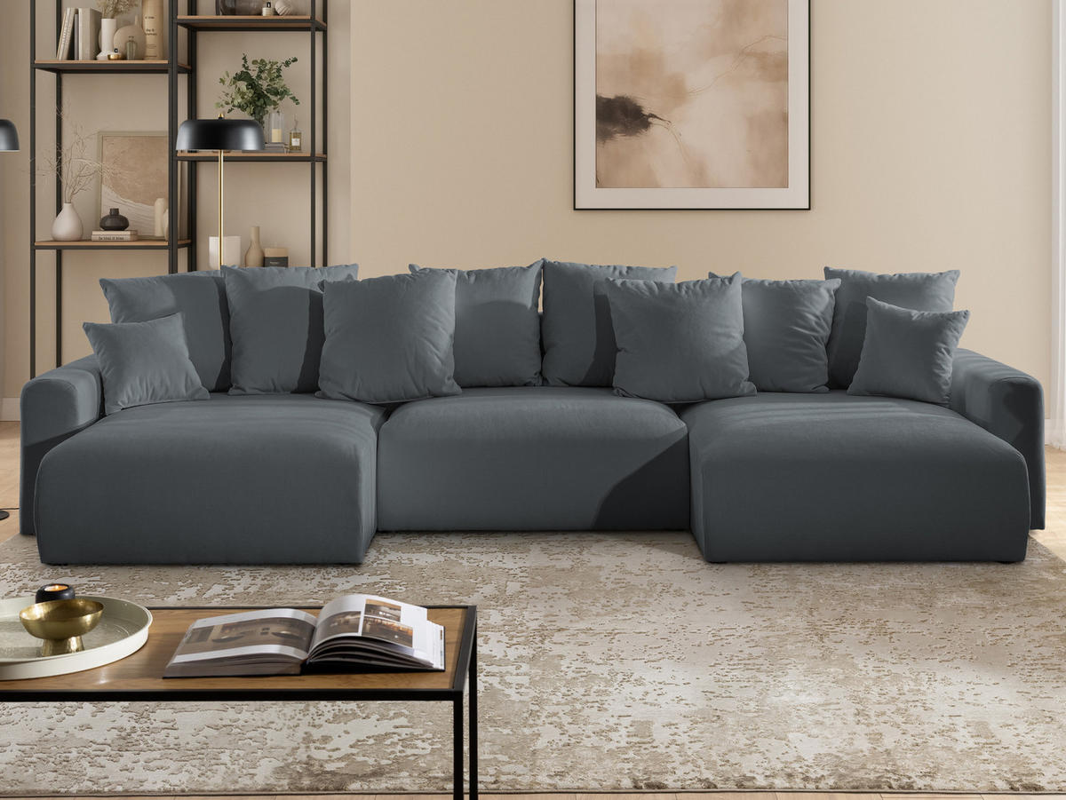 WOHNLANDSCHAFT Calma mit Schlaffunktion und Bettkasten im Bumpy-Design aus weichem Dunkelgrau Webstoff - Dunkelgrau/Schwarz, Holz/Textil (336/88/140cm) - S-Style