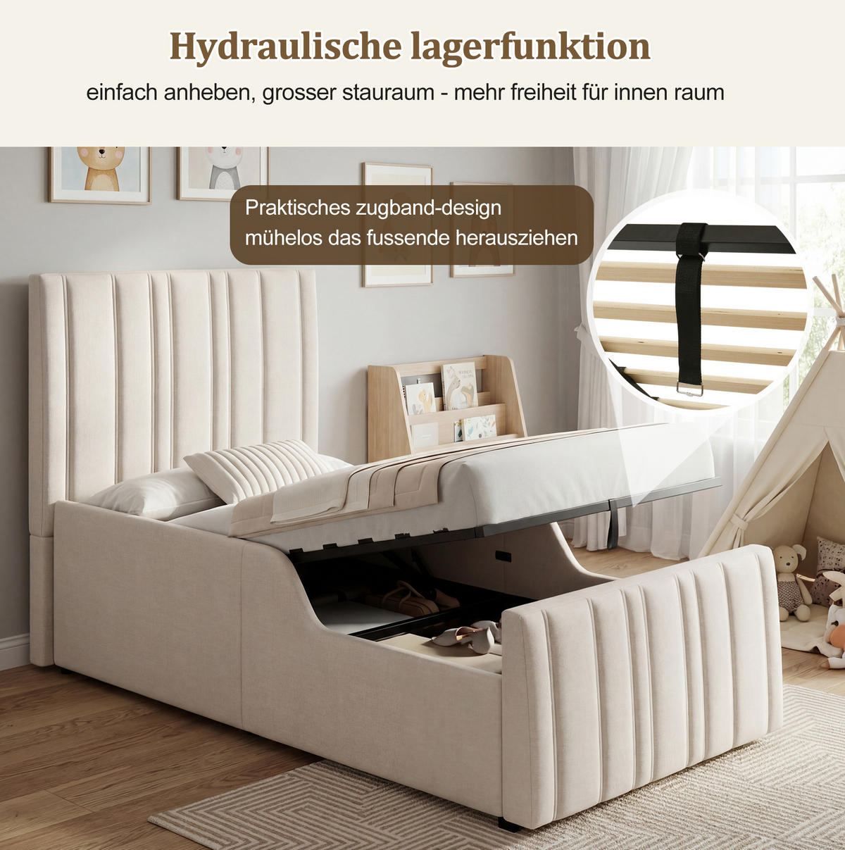 KINDERBETT 90/200 cm aus Leinenstoff mit Stauraum und Lattenrost Beige - Beige, Textil (90/200cm) - Modenvie